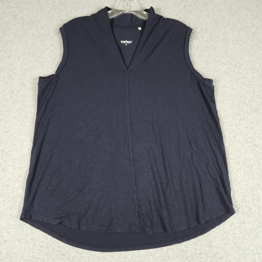 Swing Control Tank Top Women Large Navy Blue Bamboo Sleeveless V-Neck Curved Hem